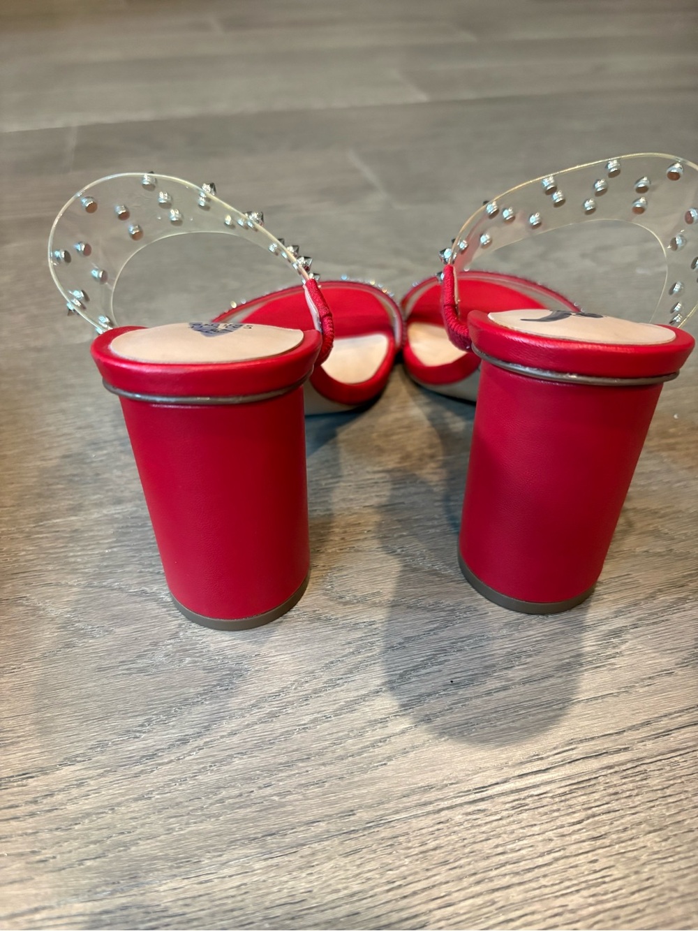 Call It Spring Red Rhinestone Block Heel Mules with Clear Studded Strap - Picture 4 of 15
